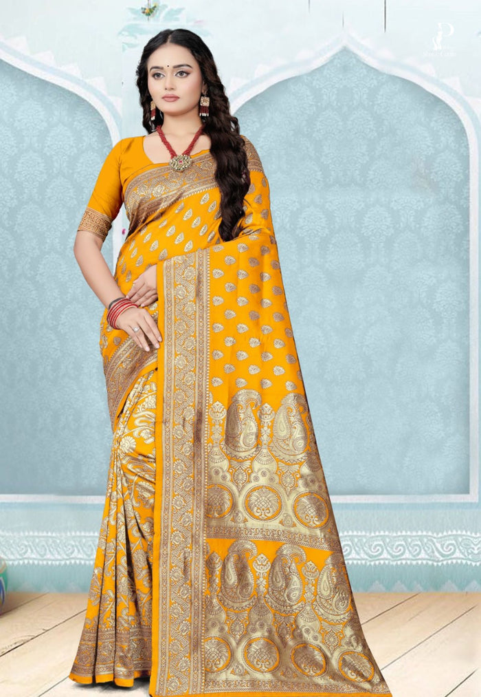 Yellow Katan Banarasi Saree with Konia Buta