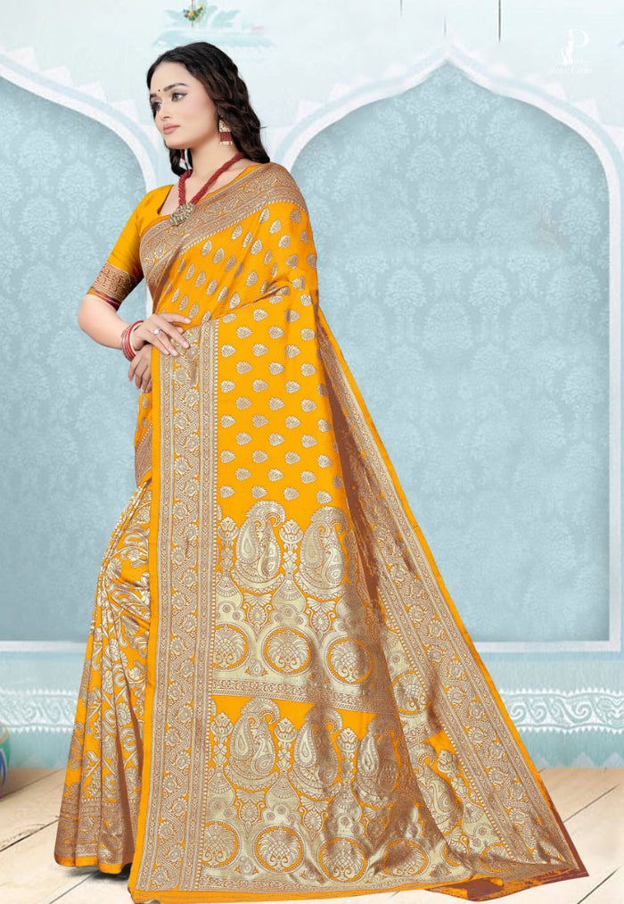 Yellow Katan Banarasi Saree with Konia Buta