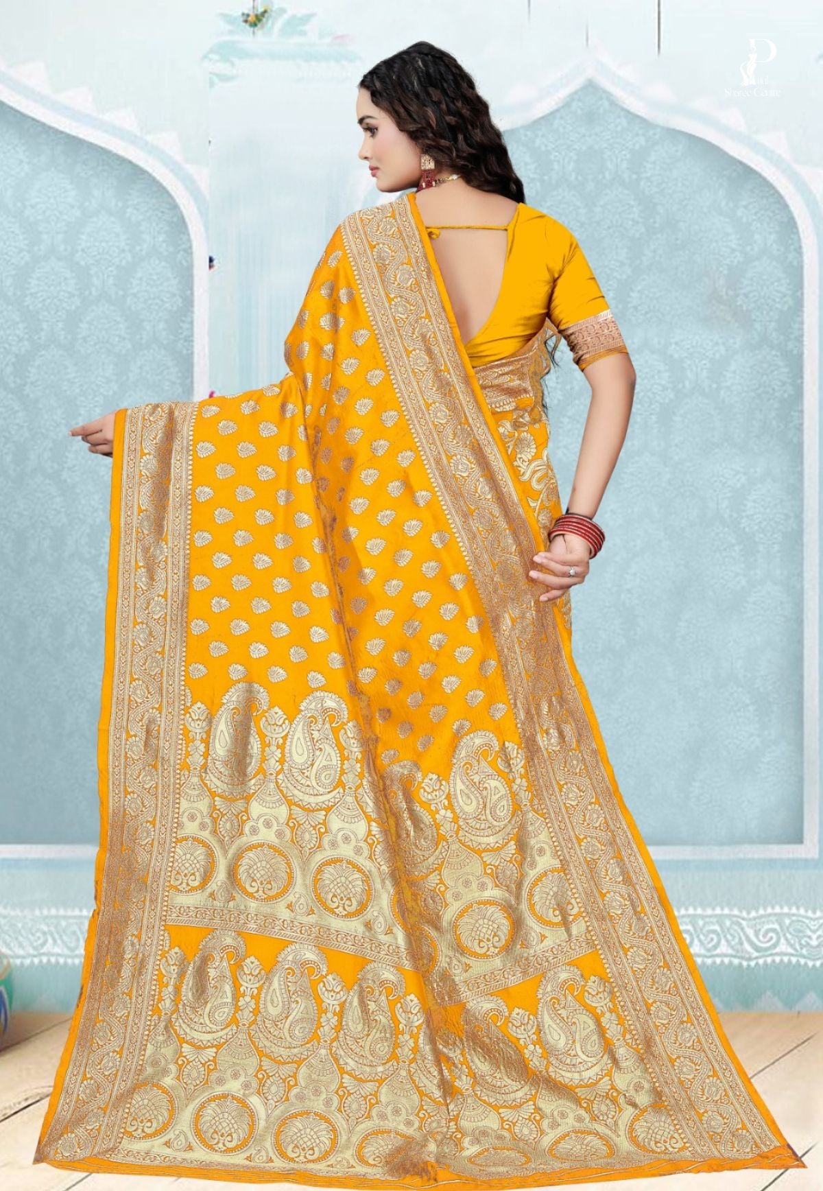 Yellow Katan Banarasi Saree with Konia Buta