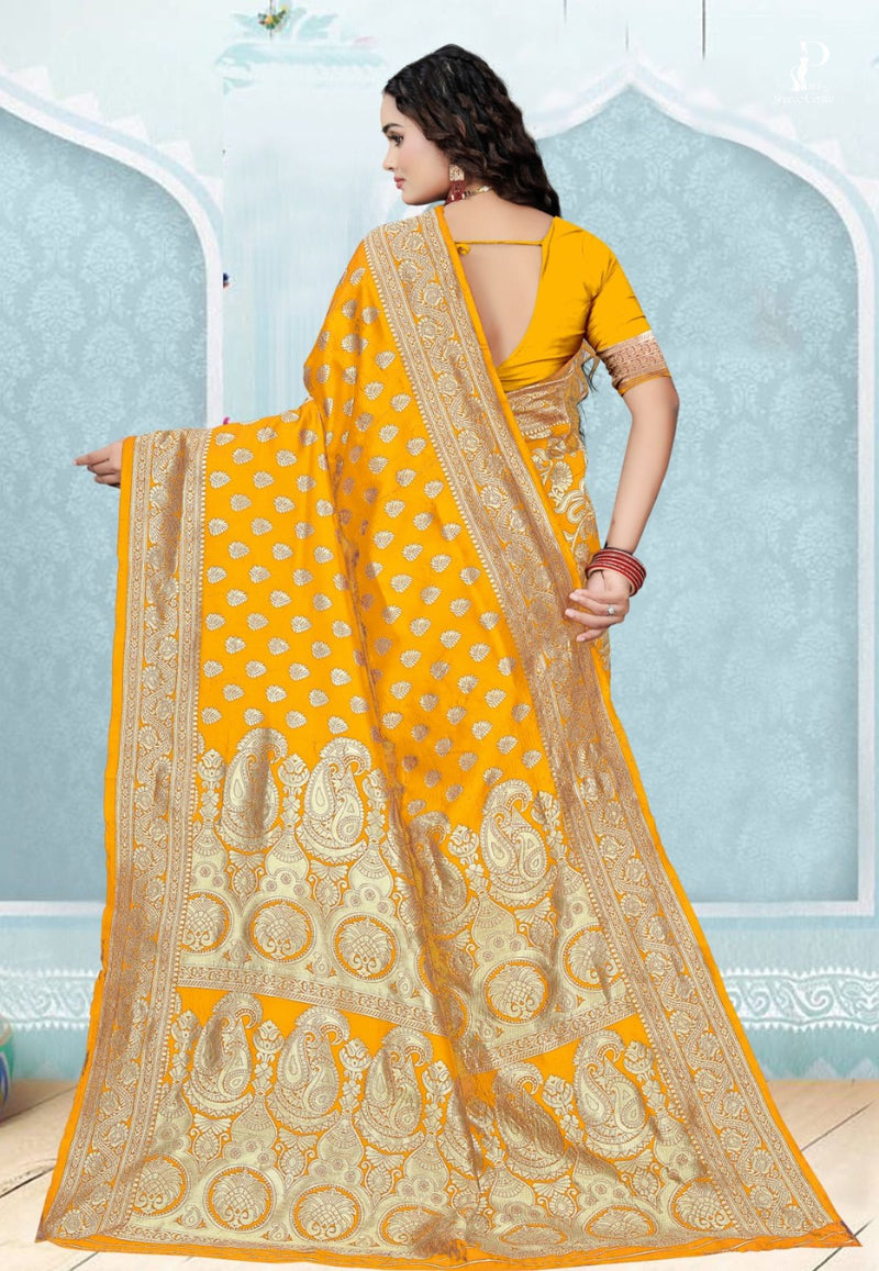 Yellow Katan Banarasi Saree with Konia Buta