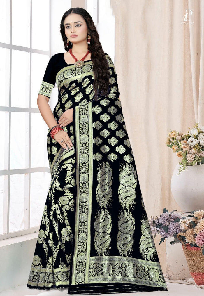Black Katan Banarasi Saree with Kadhwa Buta