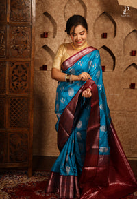 Light Turquoise Blue Satin Pattu Kanjivaram Saree with Wine Border