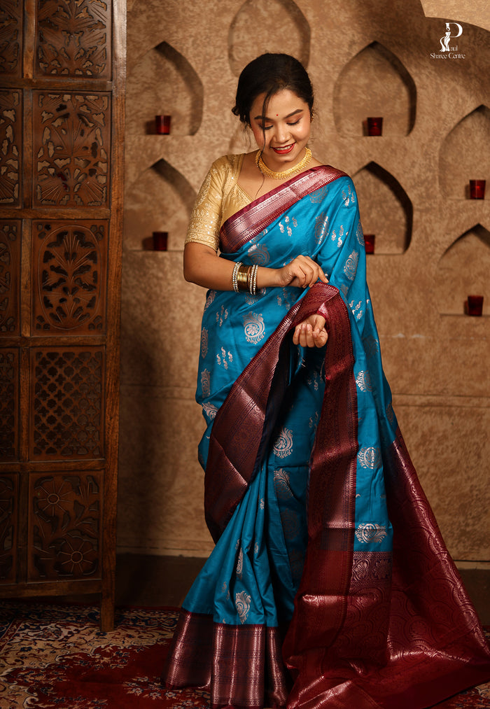 Light Turquoise Blue Satin Pattu Kanjivaram Saree with Wine Border