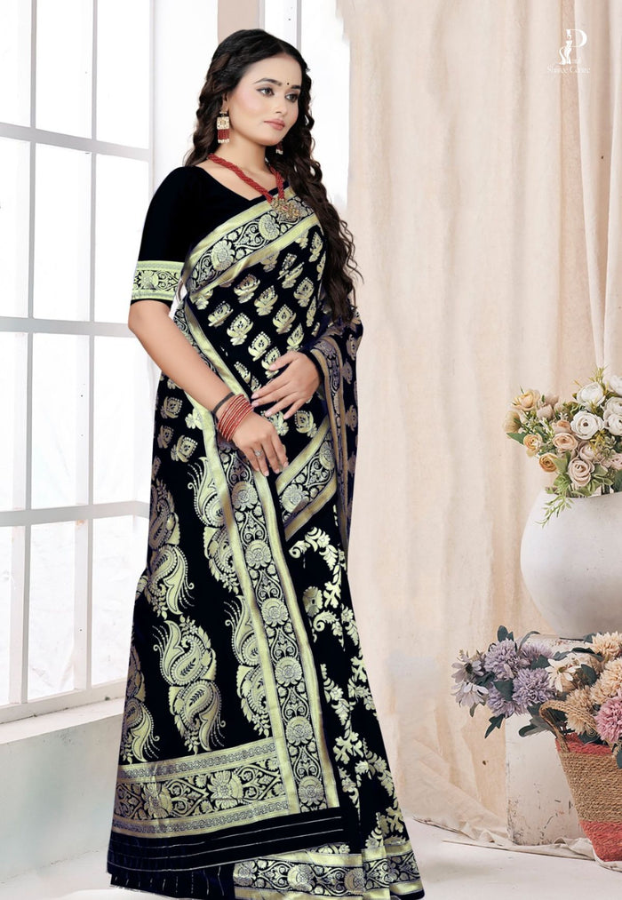 Black Katan Banarasi Saree with Kadhwa Buta