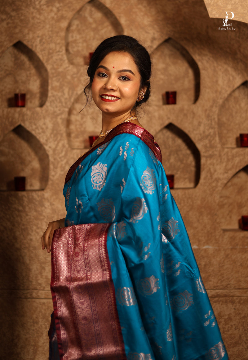 Light Turquoise Blue Satin Pattu Kanjivaram Saree with Wine Border