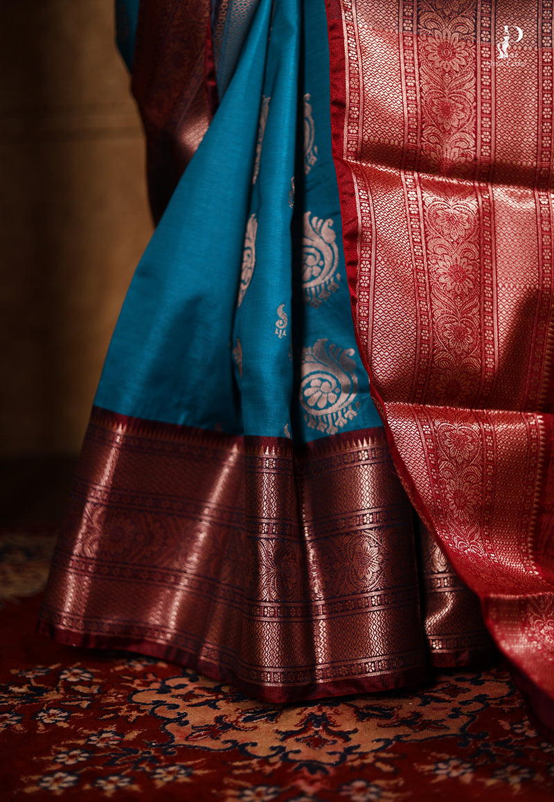 Light Turquoise Blue Satin Pattu Kanjivaram Saree with Wine Border