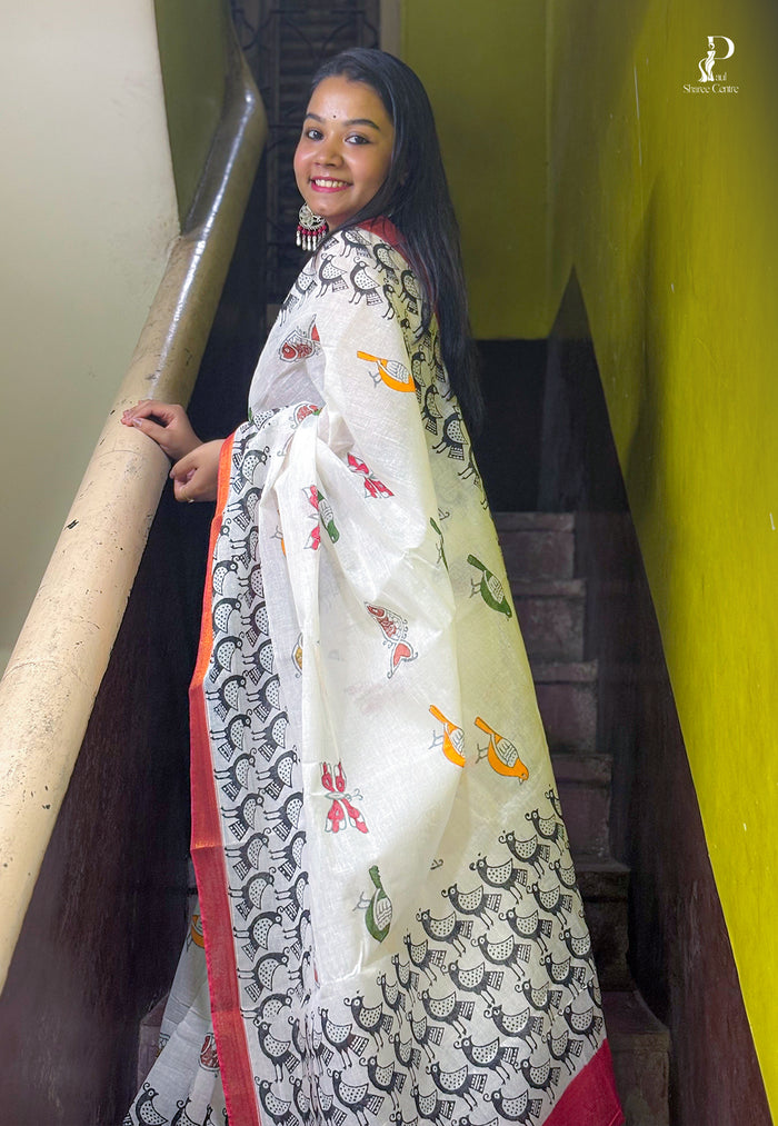 White "Rooprekha" Hand Painted Saree with Red Border