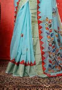 Sky Blue Applique Work Saree with Golden Border