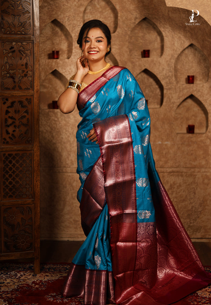 Light Turquoise Blue Satin Pattu Kanjivaram Saree with Wine Border