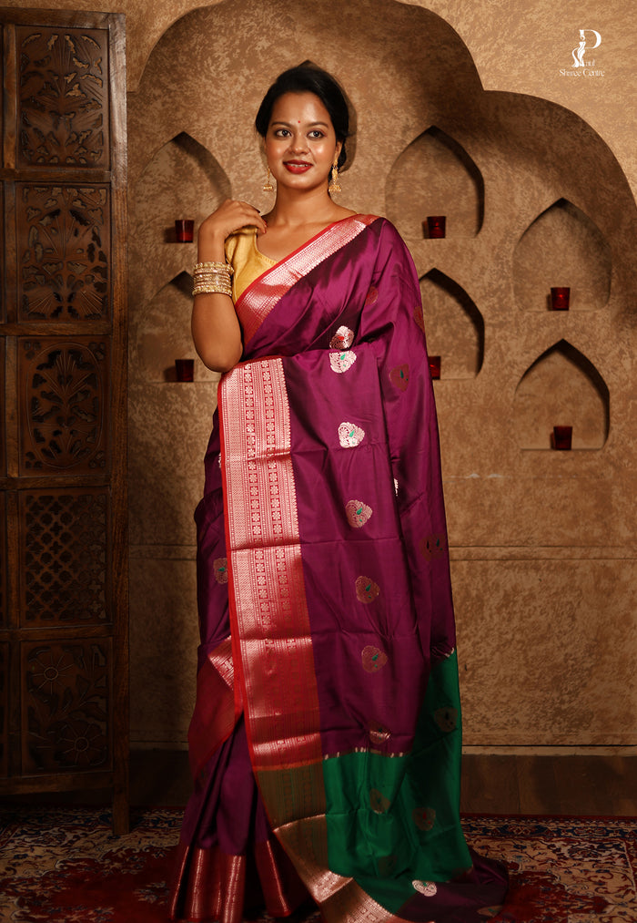 Purple Jacquard Border Paithani Saree with Green Border