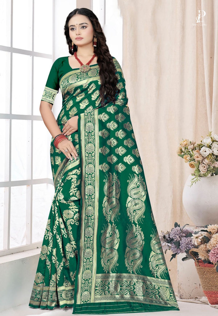 Green Katan Banarasi Saree with Kadhwa Buta