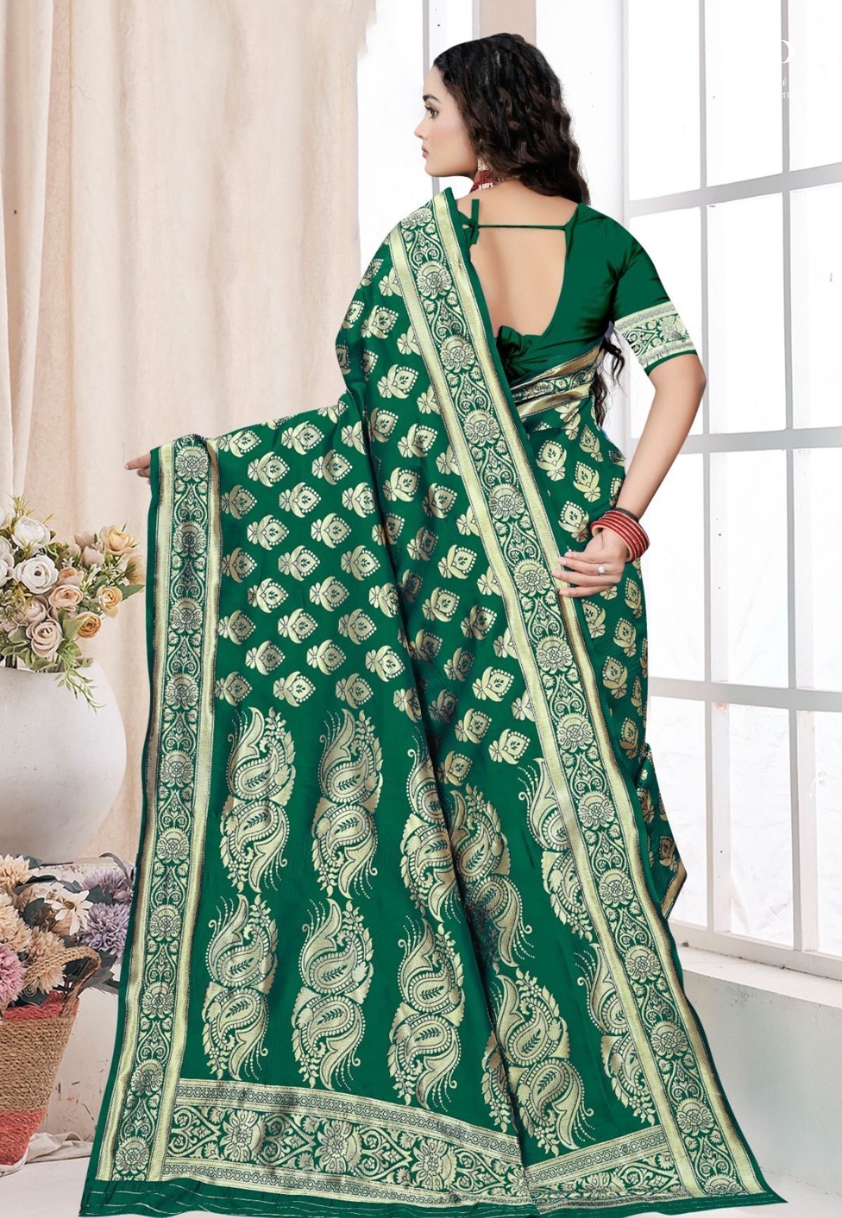 Green Katan Banarasi Saree with Kadhwa Buta