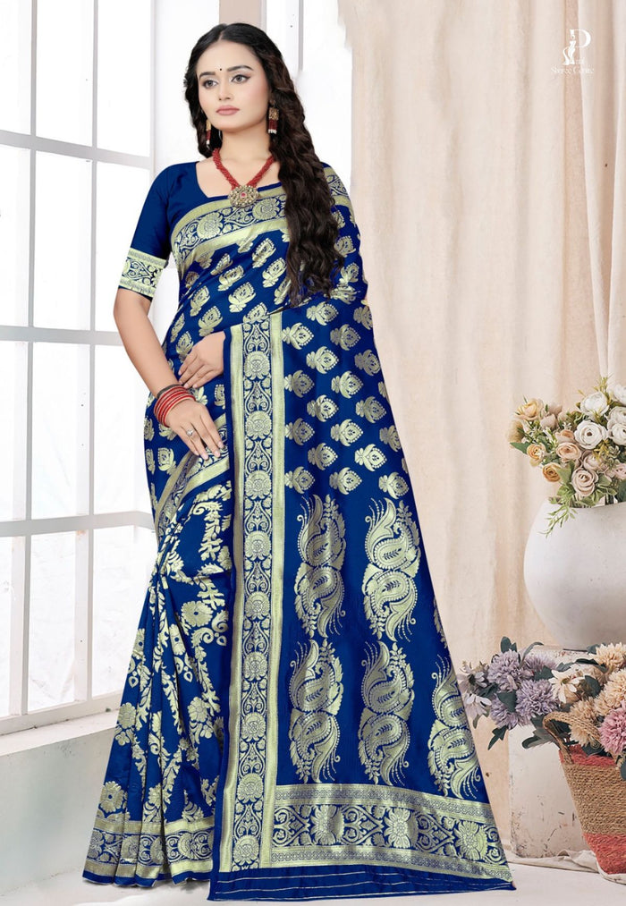Navy Blue Katan Banarasi Saree with Kadhwa Buta