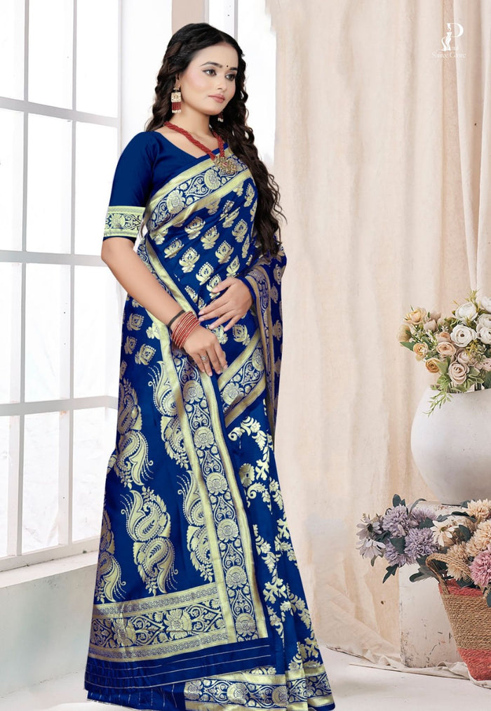 Navy Blue Katan Banarasi Saree with Kadhwa Buta