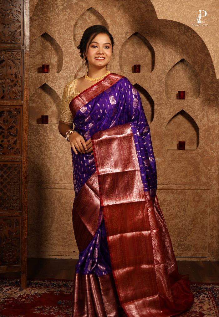 Purple Satin Pattu Kanjivaram Saree with Green Border