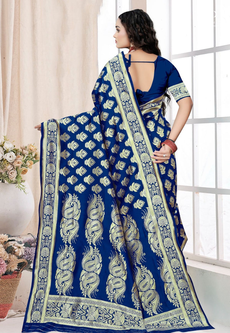 Navy Blue Katan Banarasi Saree with Kadhwa Buta