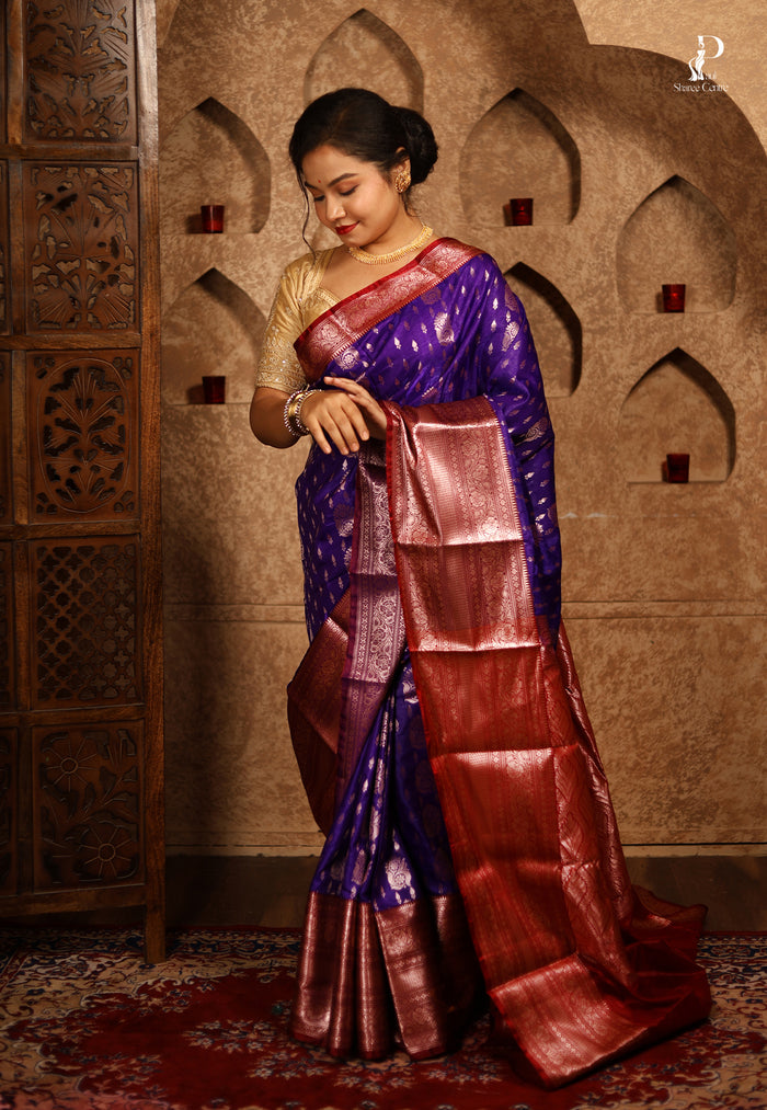 Purple Satin Pattu Kanjivaram Saree with Green Border