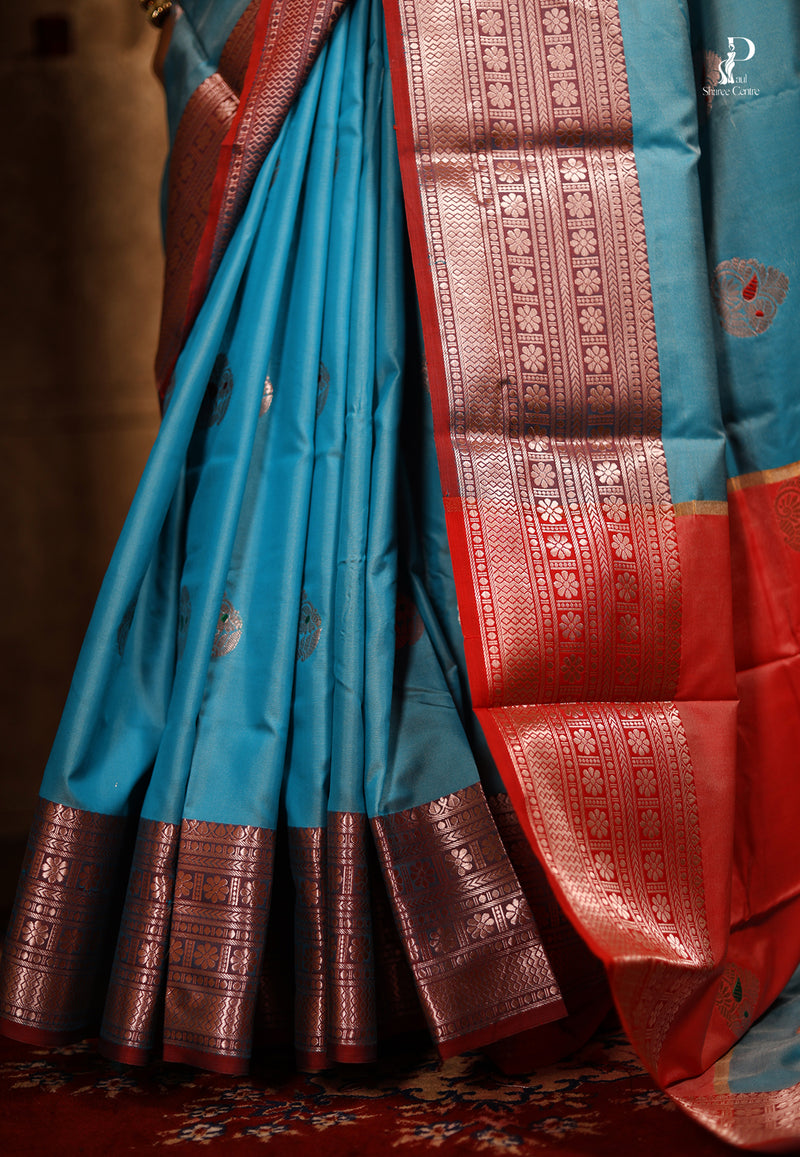 Sky Blue Jacquard Border Paithani Saree with Red Border