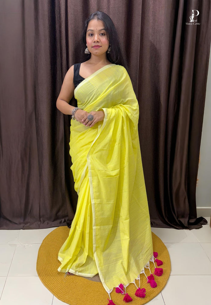 Yellow Mul Cotton Saree