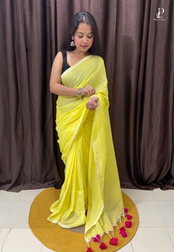 Yellow Mul Cotton Saree