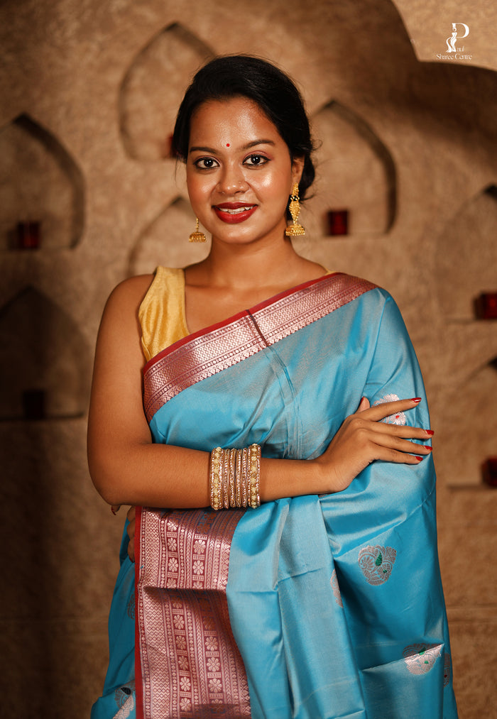 Sky Blue Jacquard Border Paithani Saree with Red Border