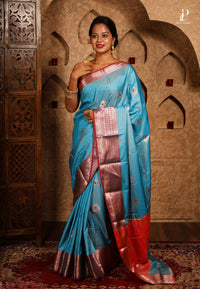 Sky Blue Jacquard Border Paithani Saree with Red Border