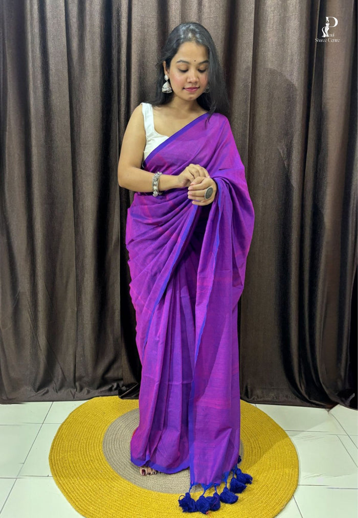Purple & Navy Blue Dual Tone Mul Cotton Saree