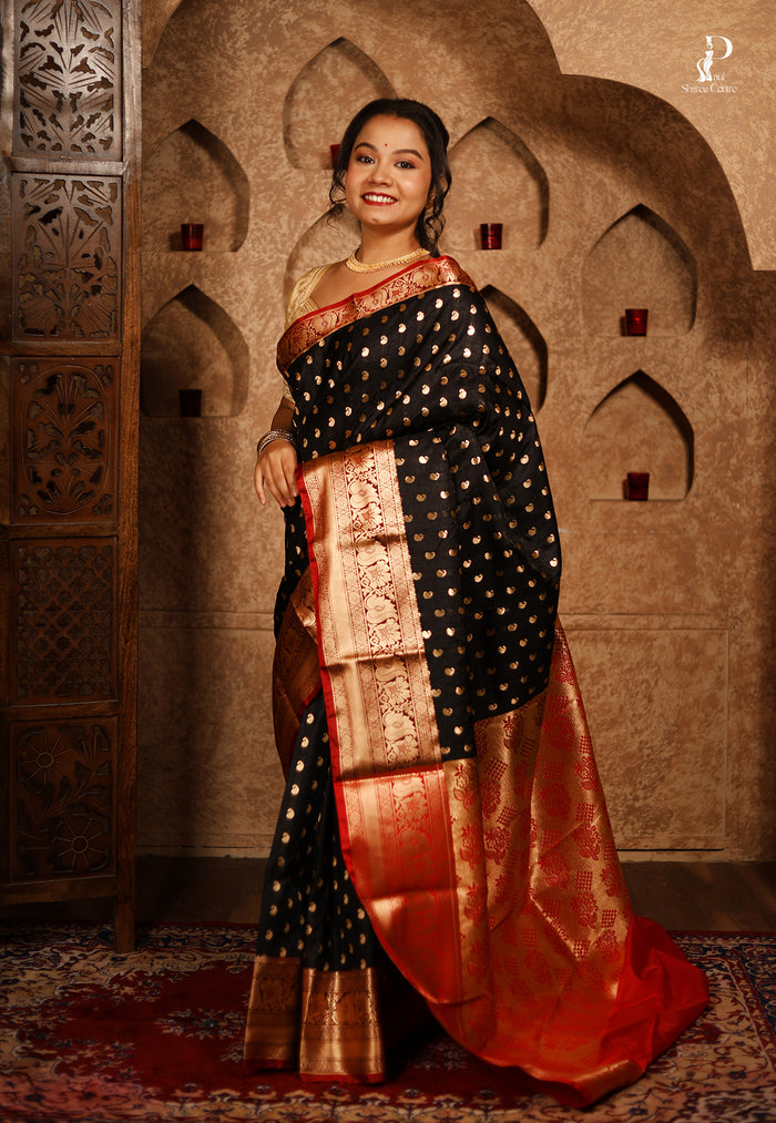 Black Satin Pattu Kanjivaram Saree with Red Border
