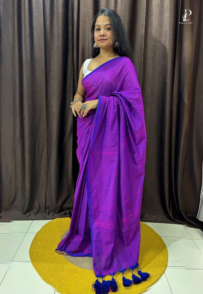 Purple & Navy Blue Dual Tone Mul Cotton Saree