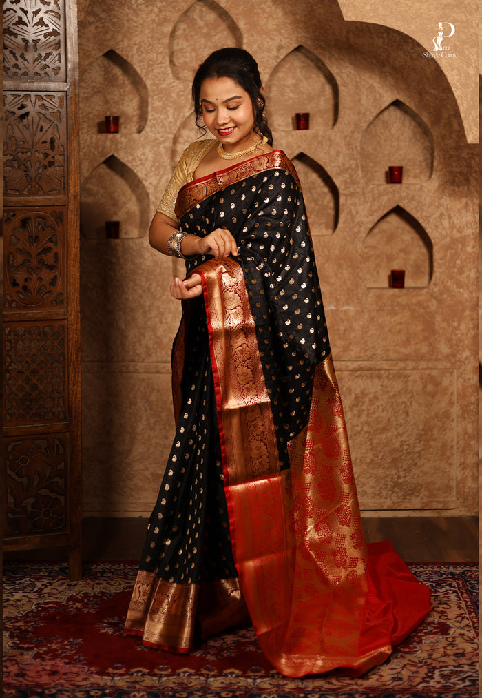 Black Satin Pattu Kanjivaram Saree with Red Border