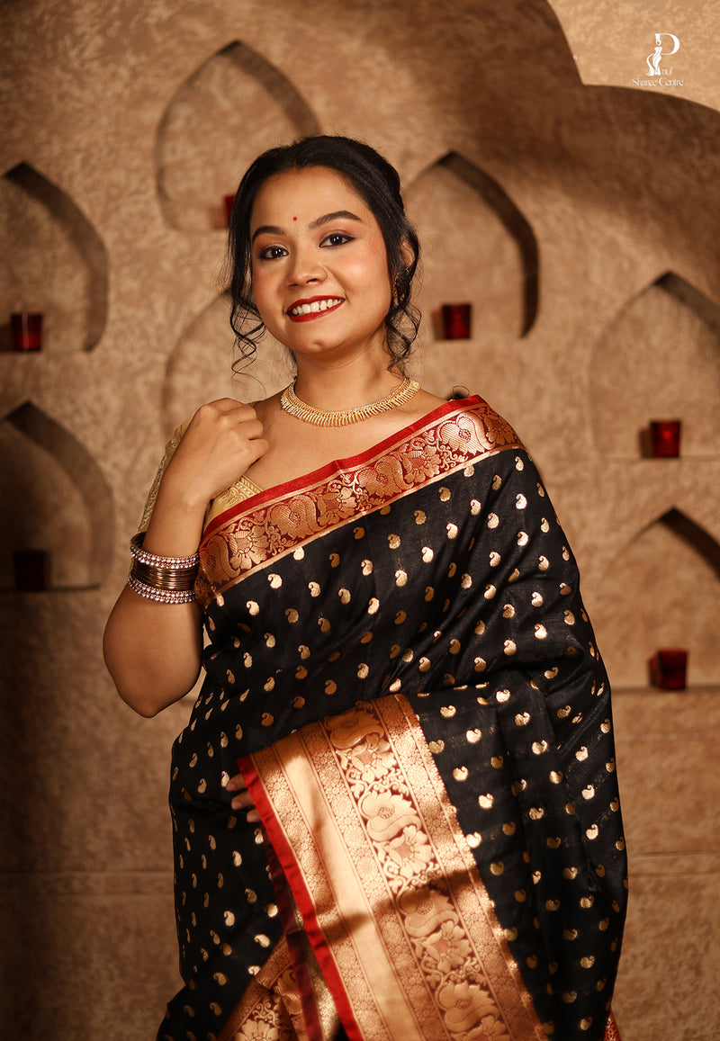 Black Satin Pattu Kanjivaram Saree with Red Border