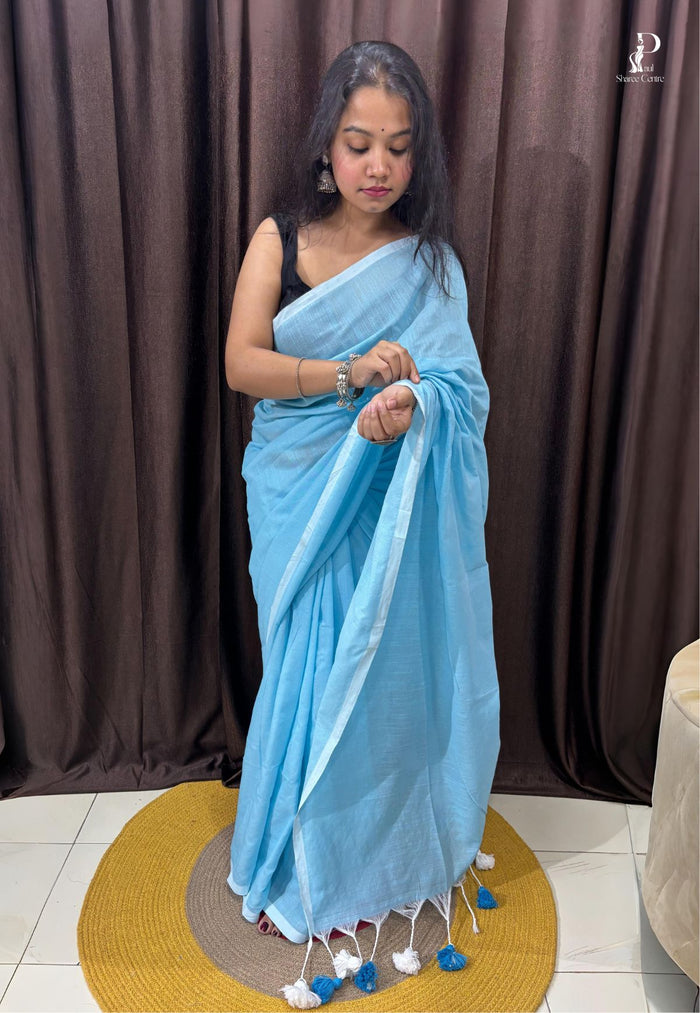 Sky Blue Mulmul Cotton Saree