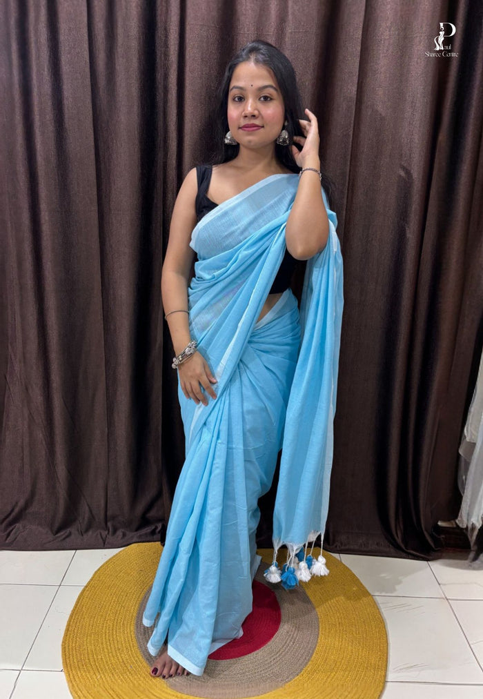Sky Blue Mulmul Cotton Saree