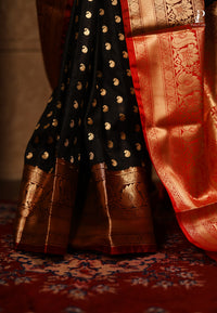 Black Satin Pattu Kanjivaram Saree with Red Border