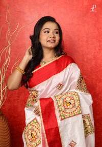 White Madhubani Applique Work Saree with Red Border
