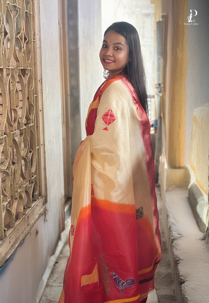 Tussar & Red "Rooprekha" Hand Painted Saree