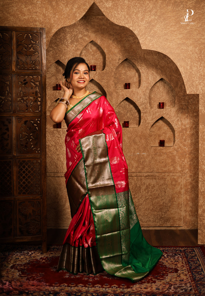 Dark Rani Pink Satin Pattu Kanjivaram Saree with Green Border