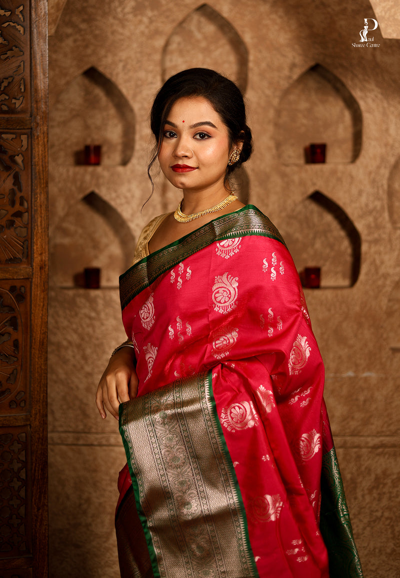 Dark Rani Pink Satin Pattu Kanjivaram Saree with Green Border