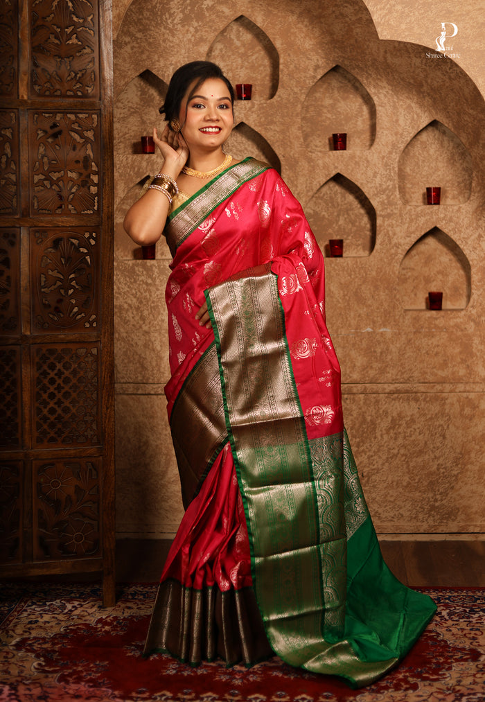 Dark Rani Pink Satin Pattu Kanjivaram Saree with Green Border