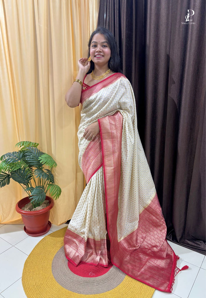 Off-White Khaddi Banarasi Saree with Red Border