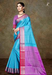 Blue Bangalore Silk Saree with Lavender Border