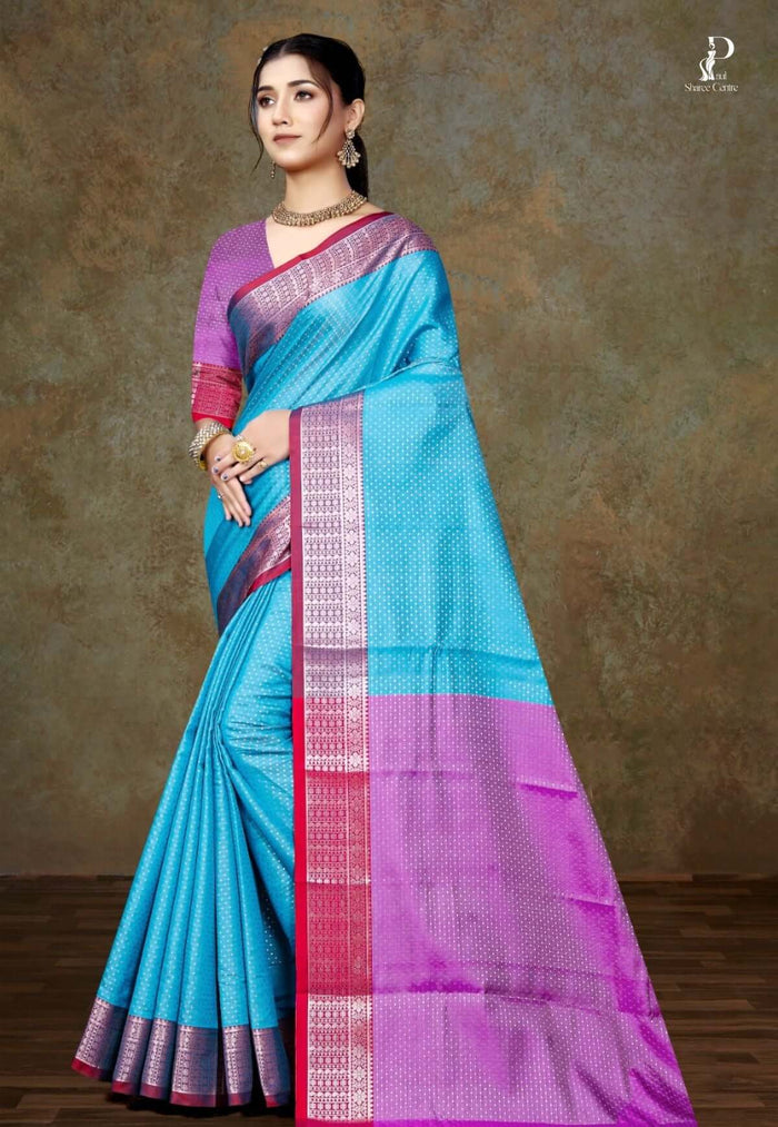 Blue Bangalore Silk Saree with Lavender Border